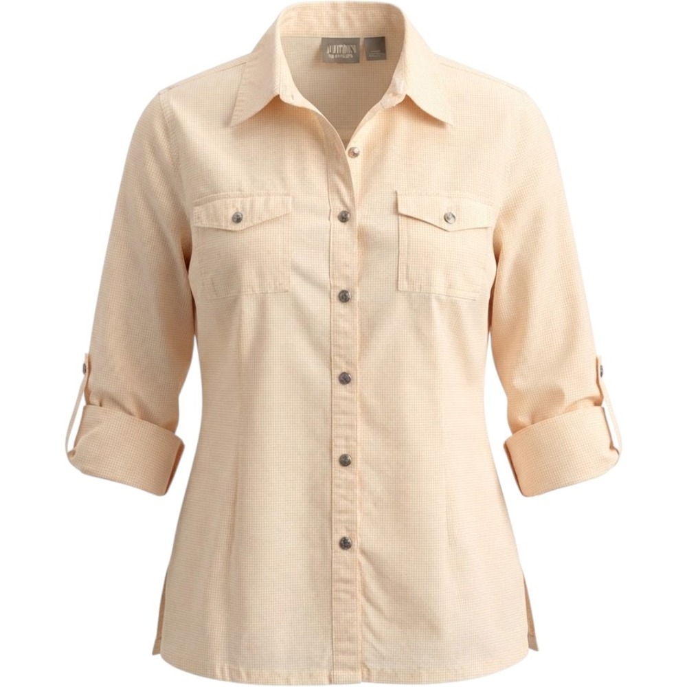 Additions by Chicos Peach Gingham Cotton Roll Tab Button Down Shirt Size 2